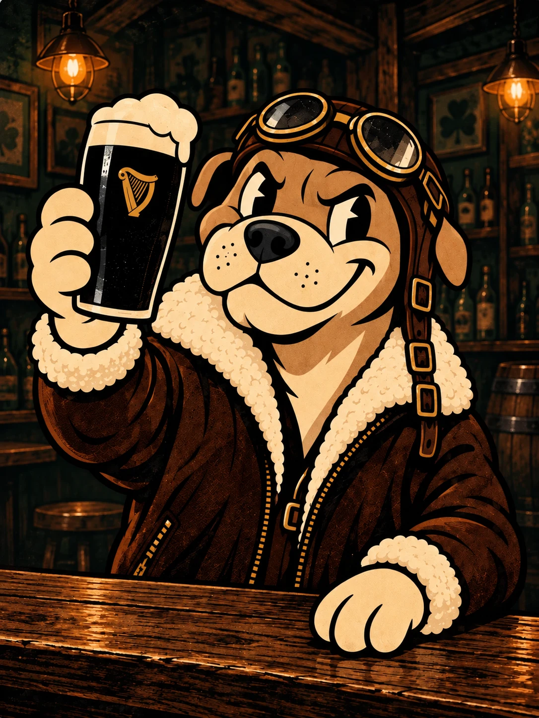 Perrito aviador en caricatura brindando con una pinta
